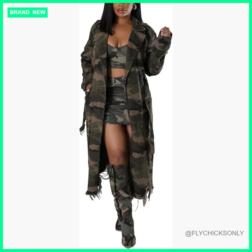 Women's Camo Long Trench Coat with Belt, Distressed Army Fatigue Jacket